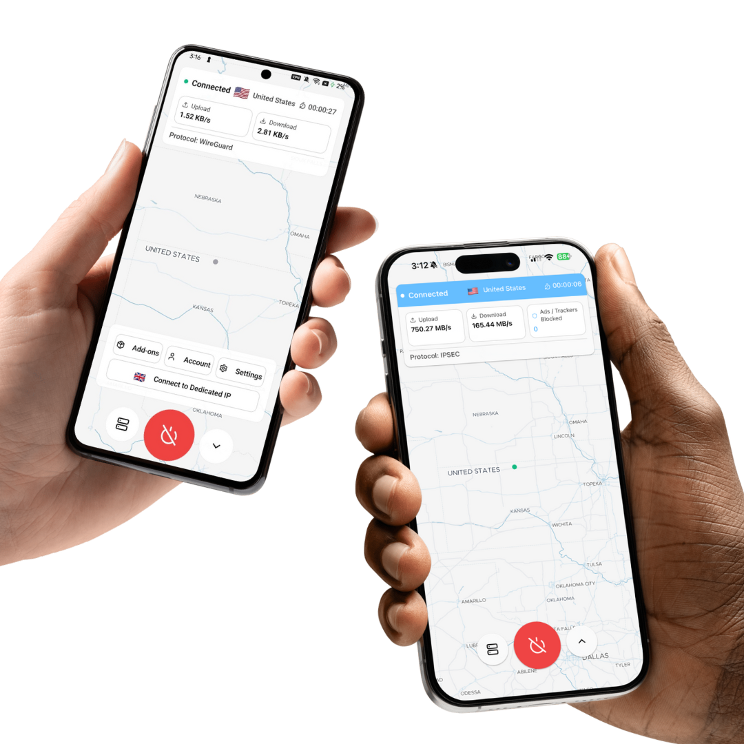 BuycatVPN running on Android phone and iPhone showing connected VPN status