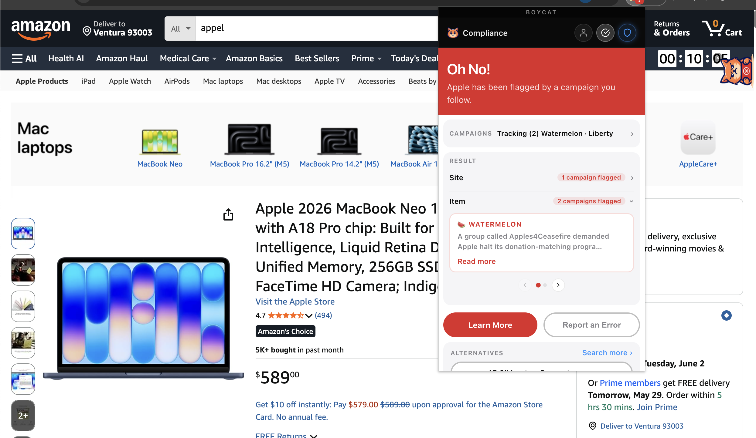 Boycat extension showing Apple flagged across two campaigns on Amazon