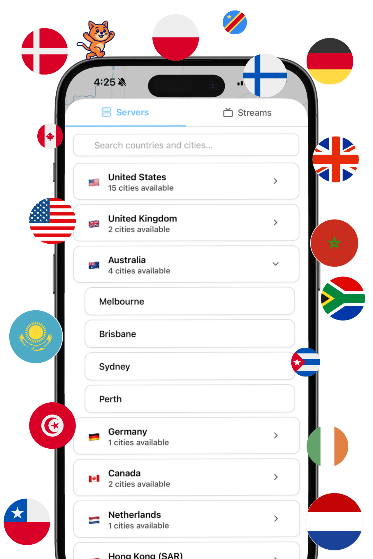 BuycatVPN app showing available server locations